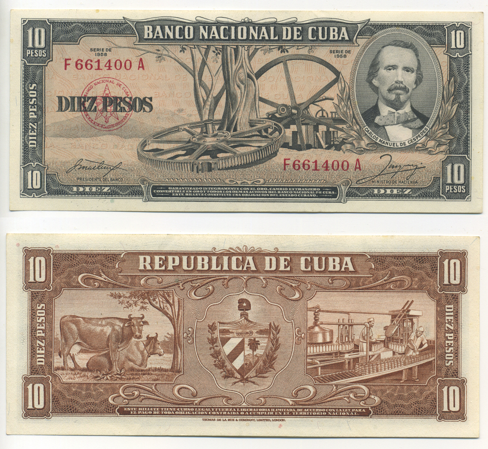 Куба 10 песо 1958 Карлос Мануэль Сеспедес, коровы, молочная ферма Pick 88 b бумага аUNC 444-134-1-2