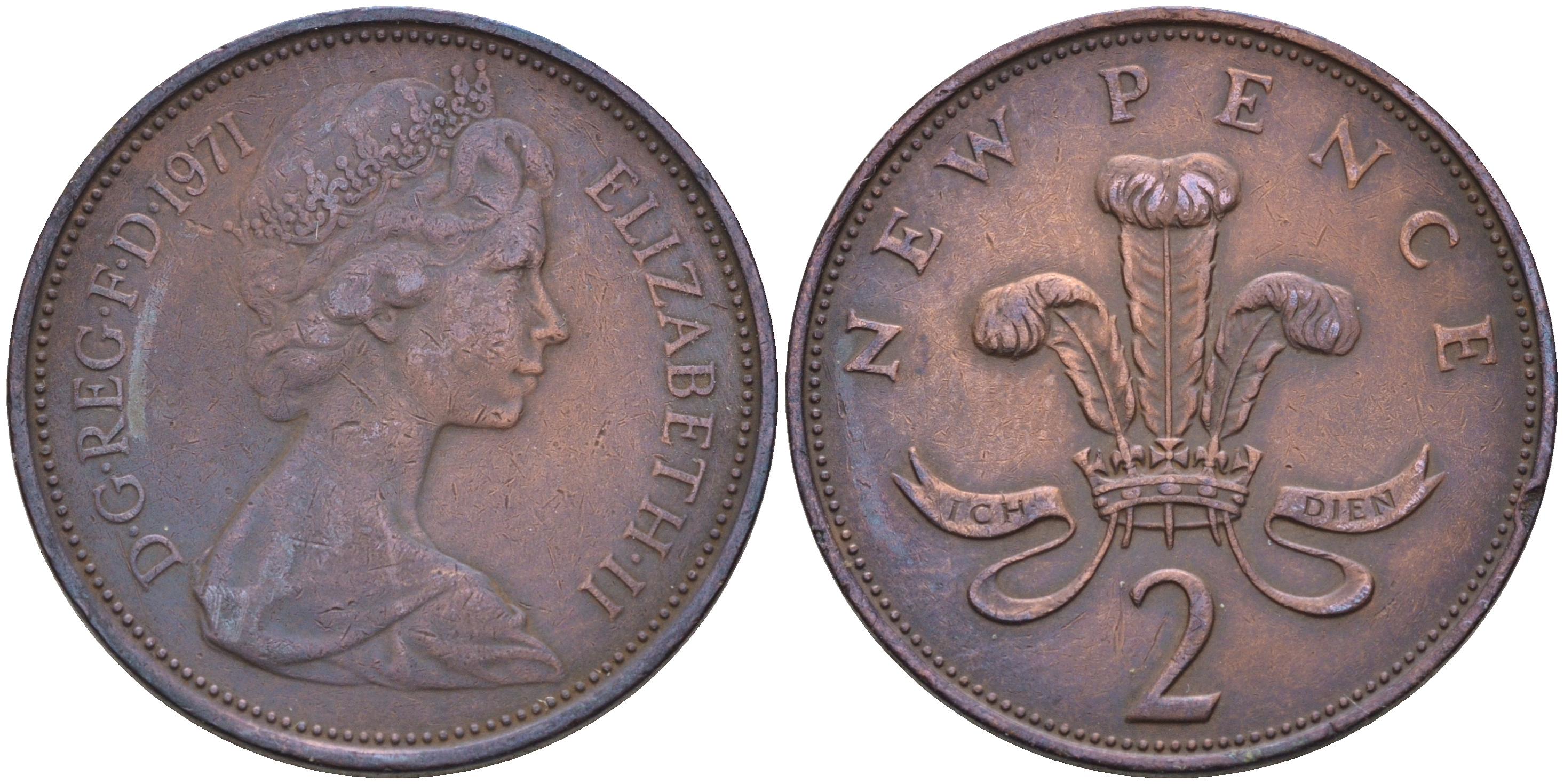 Великобритания 2 пенса 1971 Елизавета II (1952-2022) KM 916, Spink 4235 (C1) бронза    4150-421