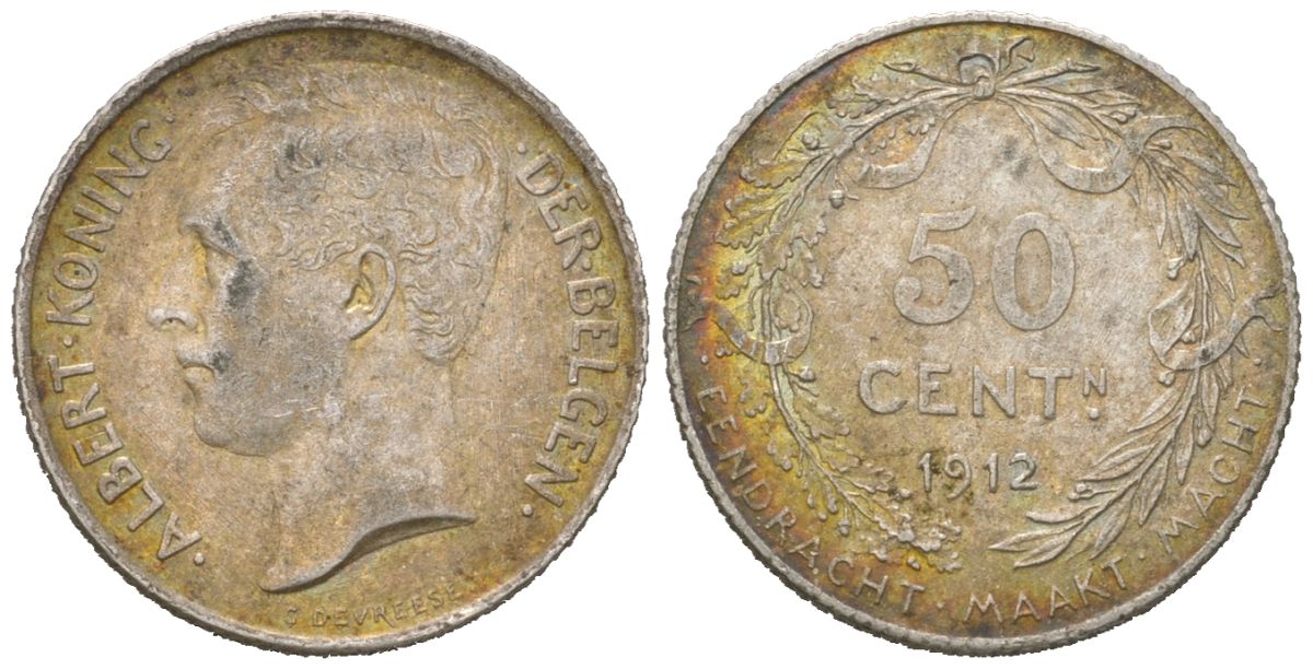 Бельгия 50 сантимов 1912 DER BELGEN, Альберт I (1909-1934) KM 71 серебро 4611-1161