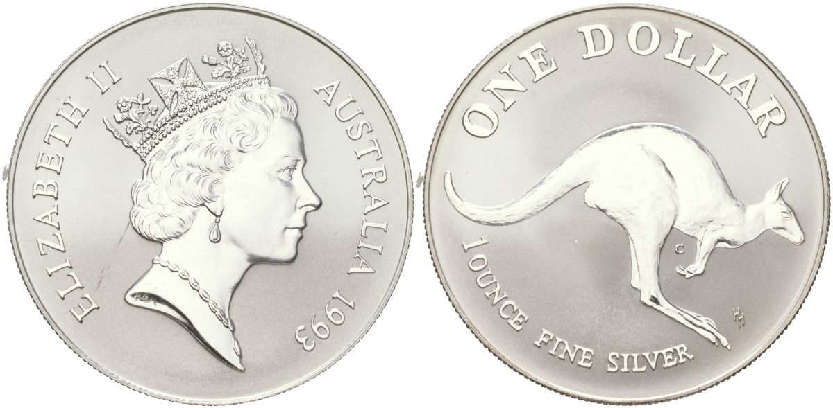 Австралия 1 доллар 1993 Кенгуру, в оригинальй упаковке KM 211 серебро BU 5-6-4-01