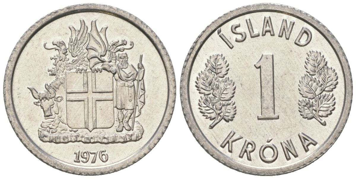 Исландия 1 крона 1976 KM 23 алюминий UNC 4615-1038