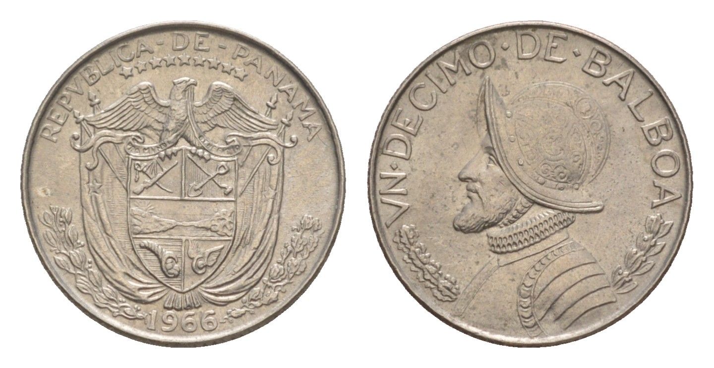 Панама 1/10 бальбоа (10 сентесимо) 1966 KM 10 медь плакированная медно-никелем UNC 4644-121