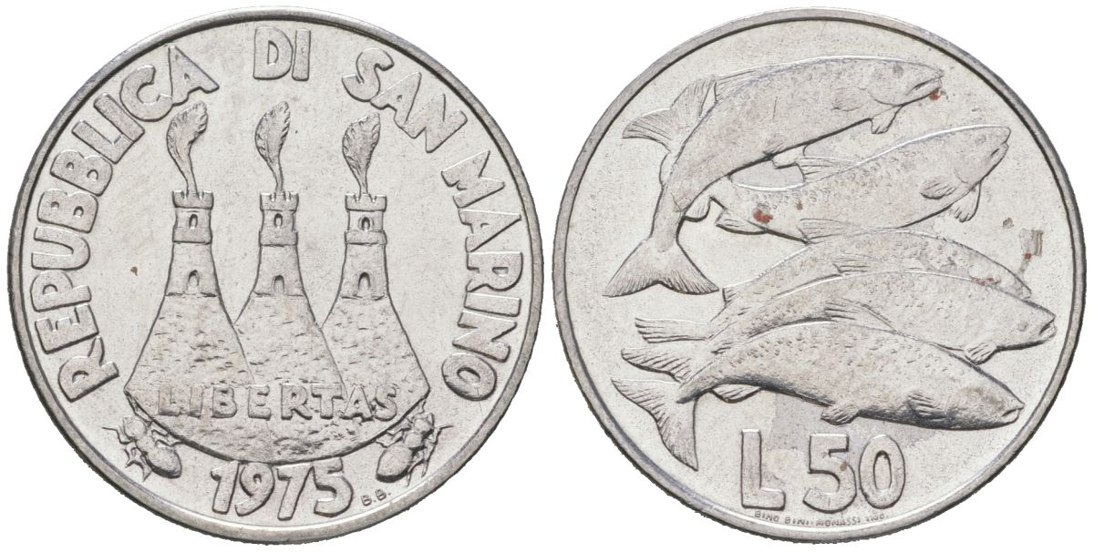 Сан-Марино 50 лир 1975 косяк рыб KM 45 нержавеющая сталь UNC 4573-154
