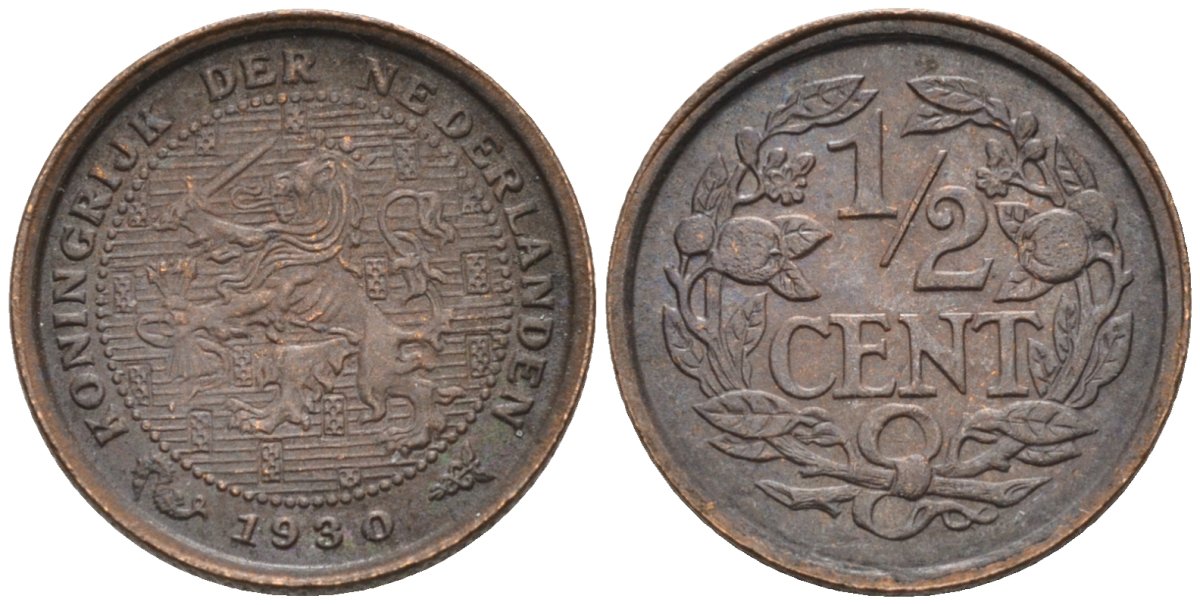 Нидерланды 1/2 цента 1930 Вильгельмина (1890-1948) KM 138 бронза 4576-437