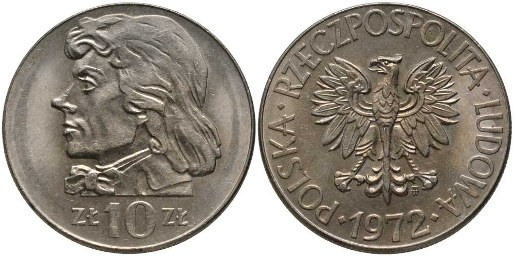 ПОЛЬША 10 ЗЛОТЫХ 1972 MW, КОСТЮШКО KM 50а медно-никель UNC 180-221