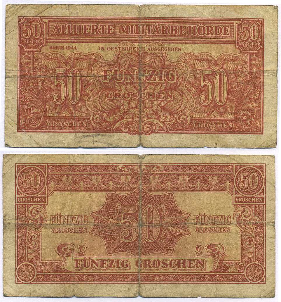 Австрия, Союзные военные власти 50 грошей 1944 Allierte Militaerbehoerde Pick 102 b бумага 8595-12-3-1