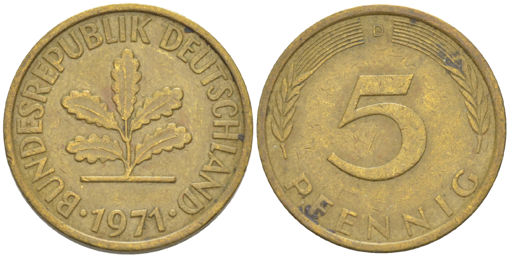 ФРГ 5 ПФЕННИГОВ 1971 D KM 107, J. 382 сталь плакированная латунью 4181-929