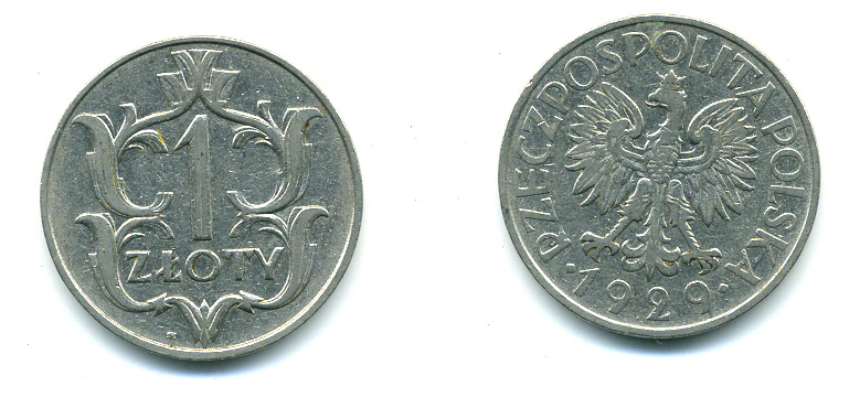 ПОЛЬША 1 ЗЛОТЫЙ 1929 w KM 14 никель 59-1412