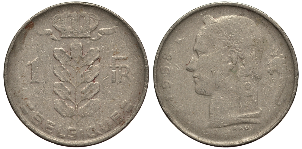 БЕЛЬГИЯ 1 ФРАНК 1958 BELGIQUE KM 142.1 медно-никель 4182-221