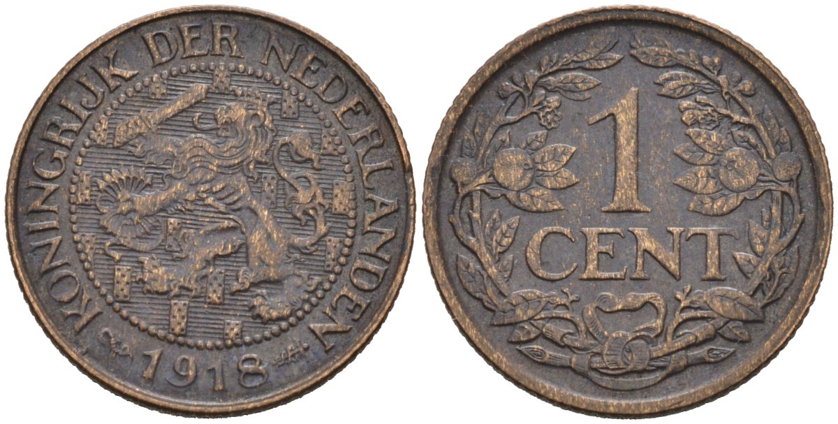 Нидерланды 1 цент 1918 Вильгельмина (1890-1948) KM 152 бронза 4576-725