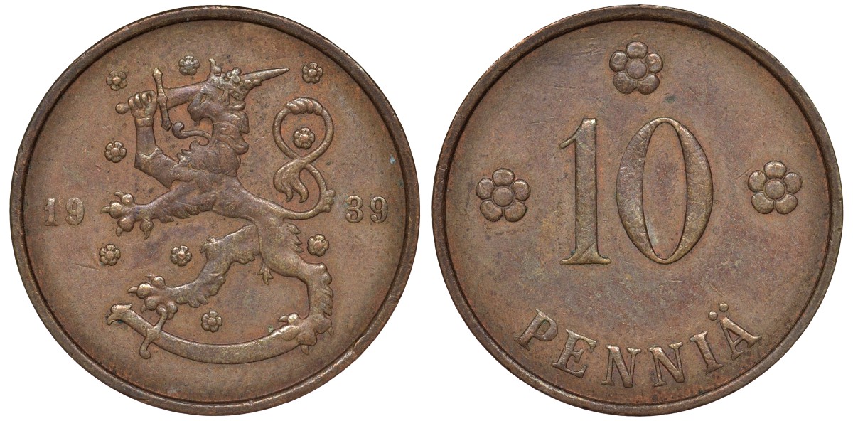 Финляндия 10 пенни 1939 KM 24 медь 51-3125