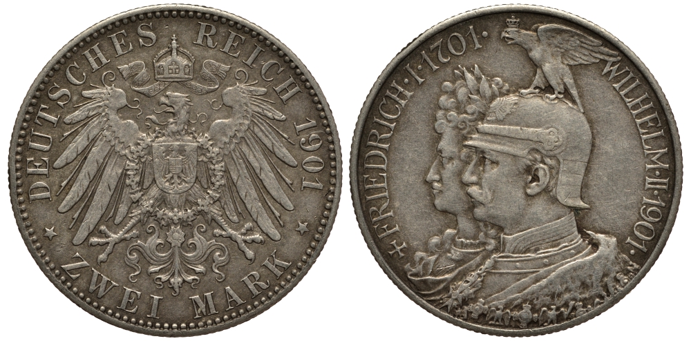 Пруссия 2 марки 1901 A, 200 лет Прусской королевской династии (Фридрих I - Вильгельм II) J.105, Weege 105, KM 525 серебро 3711-1131