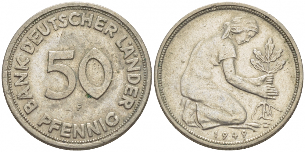 ФРГ 50 пфеннигов 1949 F KM 104, J. 379 медно-никель 112-939
