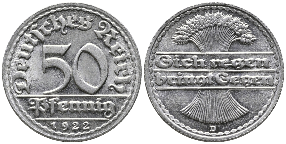 ГЕРМАНИЯ 50 ПФЕННИГОВ 1922 D KM 27, J. 301 алюминий 24-1113