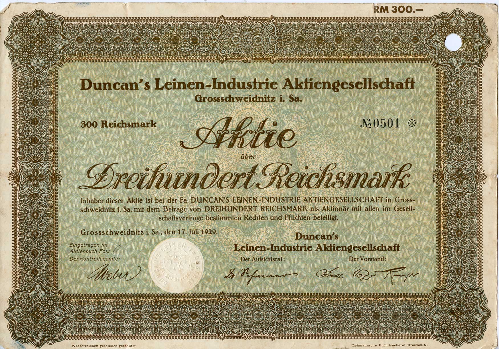 Германия 300 рейхсмарок 1929 АО Duncan's Leinen-Industrie, акция   бумага 8803-54-1