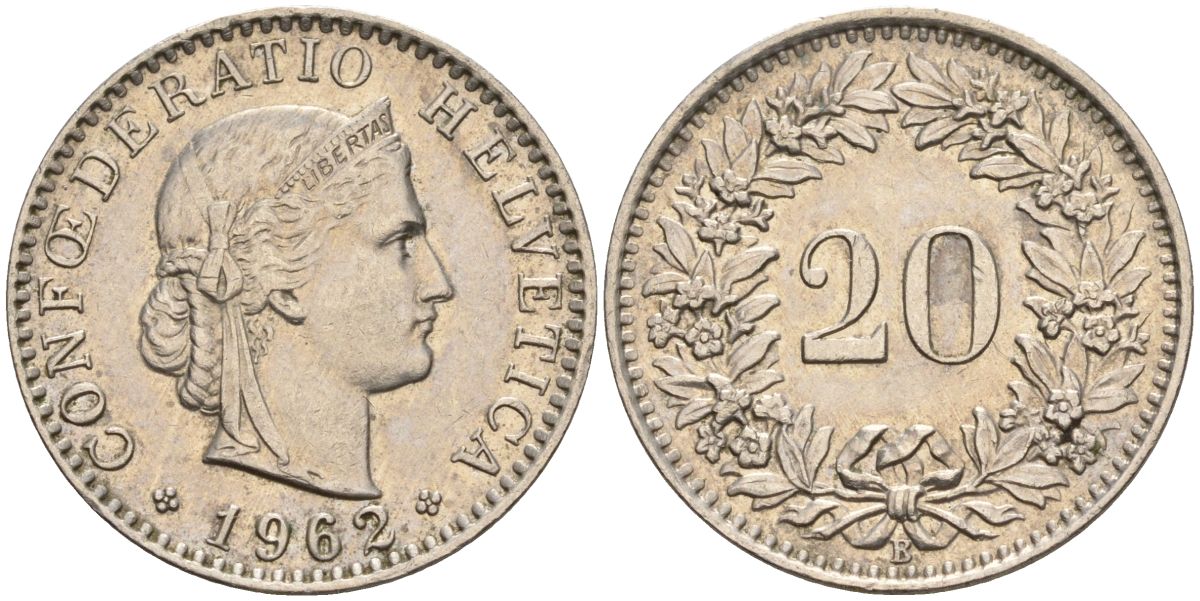 Швейцария 20 раппенов 1962 B KM 29a медно-никель 4606-756