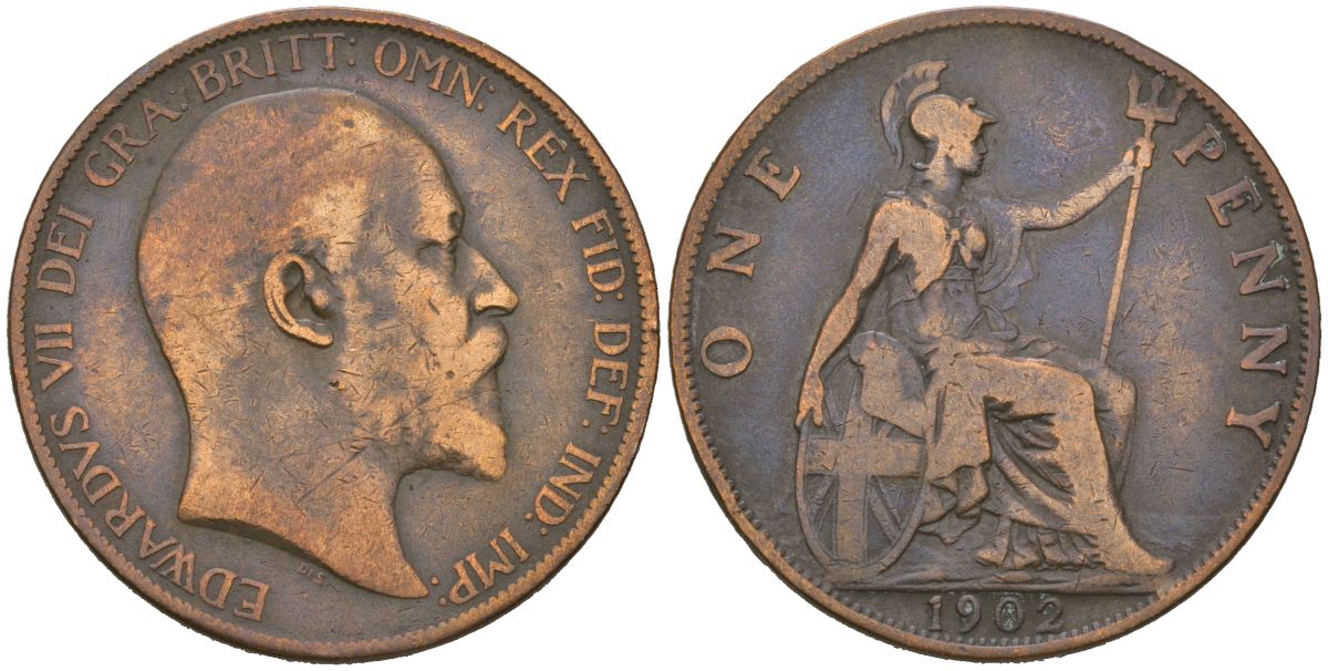 Великобритания 1 пенни 1902 Эдуард VII (1901-1910) KM 794.2, Spink 3990 бронза 109-833