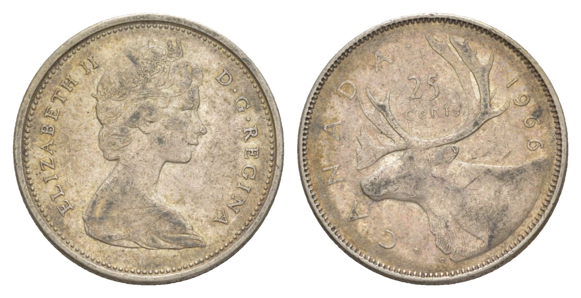 Канада 25 центов 1966 Елизавета II (1952-2022), олень KM 62 серебро 4541-956
