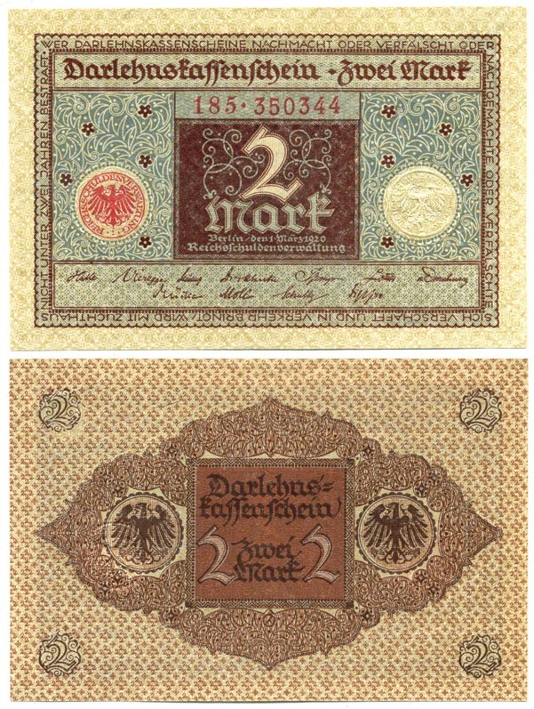 ГЕРМАНИЯ 2 МАРКИ 1920 1 МАРТА 1920, ВЕЙМАРСКАЯ РЕСПУБЛИКА, КОРИЧНЕВАЯ, СЕРИЯ 185 Pick 60, Rosenberg 65a бумага UNC (ПРЕСС) 7207-45-1