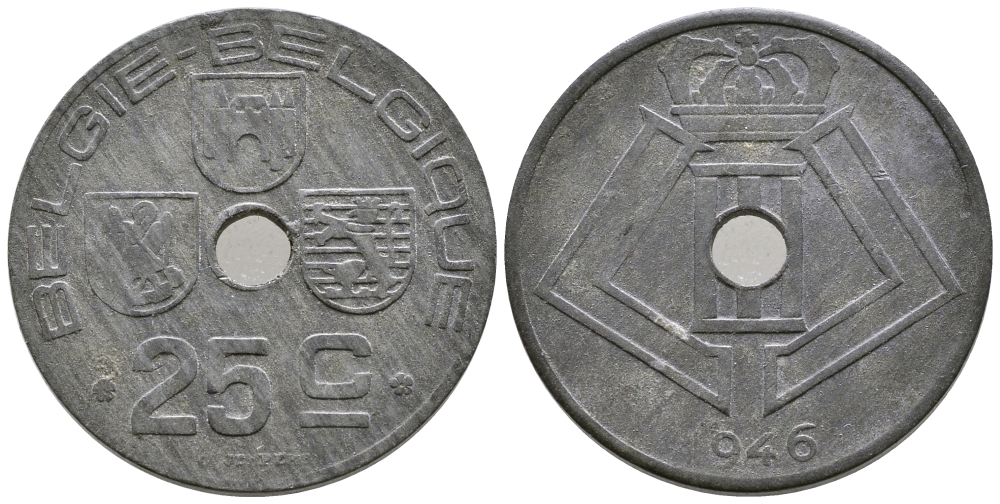 БЕЛЬГИЯ 25 САНТИМОВ 1946 BELGIE-BELGIQUE, ГЕРМАНСКАЯ ОККУПАЦИЯ, ВТОРАЯ МИРОВАЯ ВОЙНА KM 132 цинк 177-1032