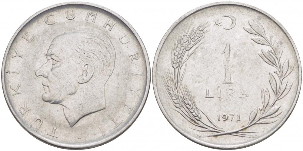 Турция 1 лира 1971 Мустафа Кемаль Ататюрк KM 889а.2 нержавеющая сталь 4529-1237