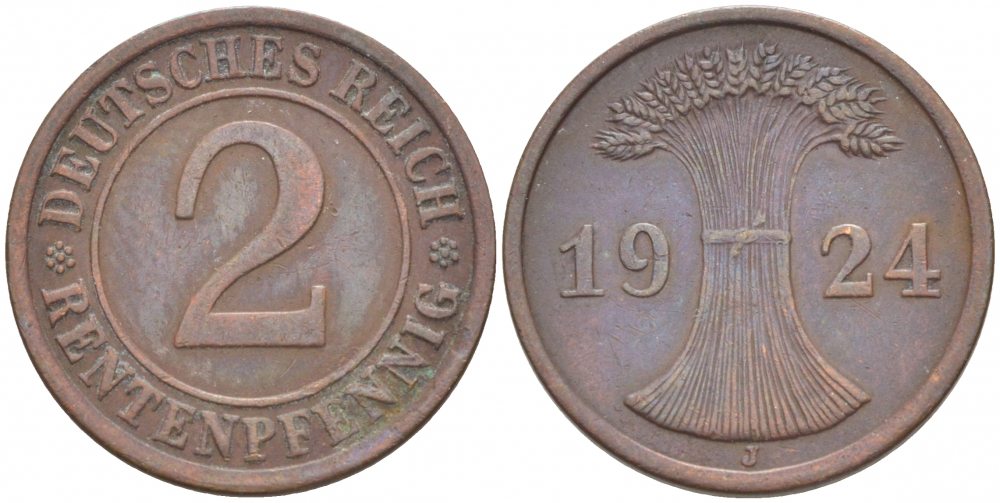 ГЕРМАНИЯ 2 РЕНТЕНПФЕННИГА 1924 J KM 31, J 307 бронза 4532-541