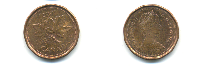 Канада 1 цент 1989 Елизавета II (1952-2022), кленовый лист KM 132 бронза 86-1113