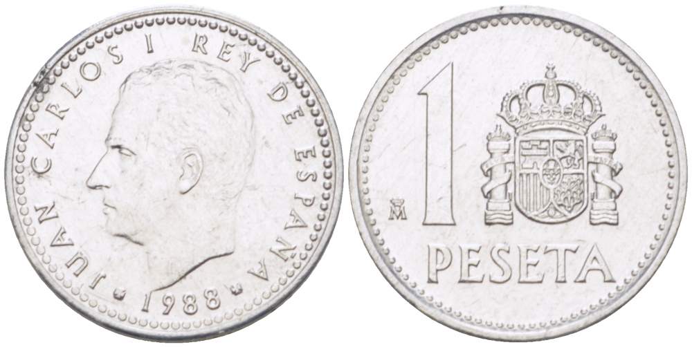 ИСПАНИЯ 1 ПЕСЕТА 1988 ХУАН КАРЛОС (1975-) KM 821 алюминий UNC 77-621