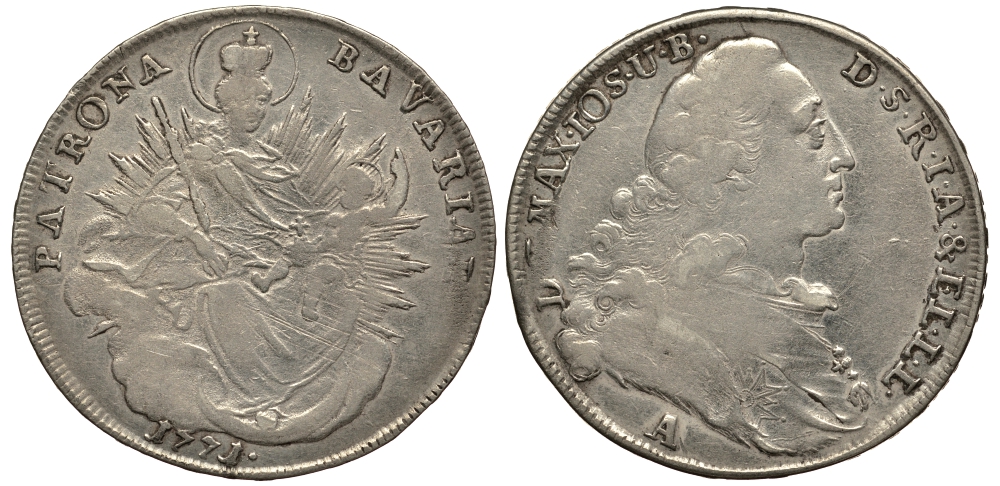 Бавария 1 талер 1771 А, Максимилиан III Иосиф (1745-1777) KM 234.2 Dav. 1954 серебро 00-00