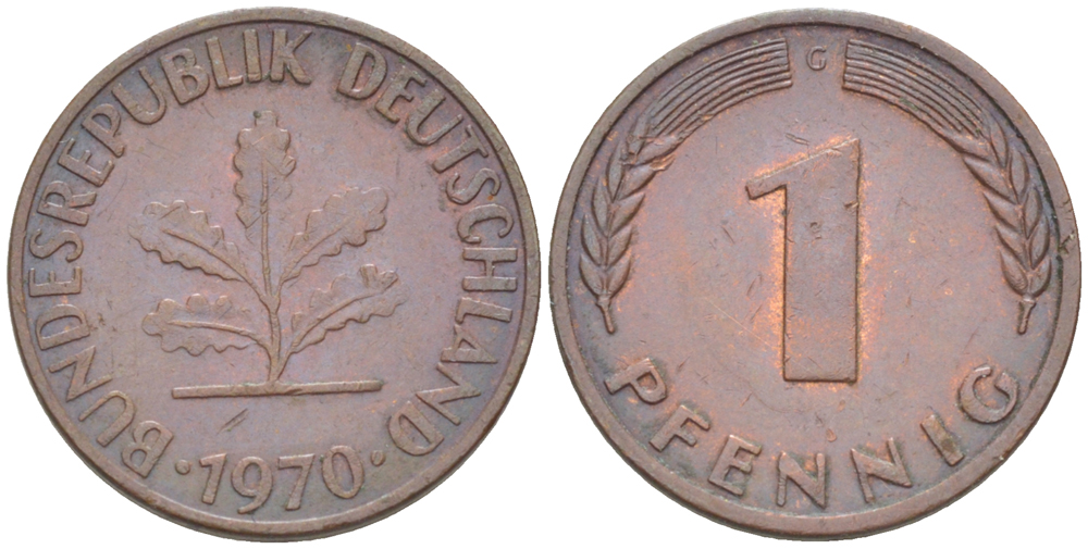 ФРГ 1 ПФЕННИГ 1970 G KM 105, J. 380 сталь плакированная медью 4181-553