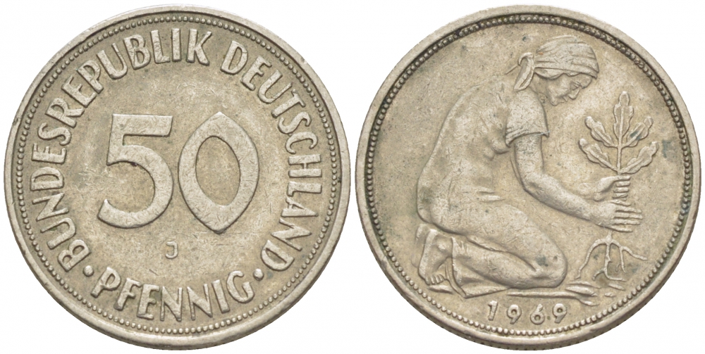 ФРГ 50 ПФЕННИГОВ 1969 J KM 109.1 медно-никель 4396-1665
