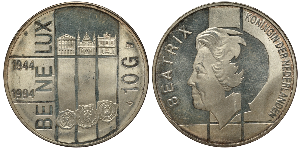 Нидерланды 10 гульденов 1994 50 лет Бе-Ни-Люкс, три здания парламентов KM 216 серебро PROOF 413-3633