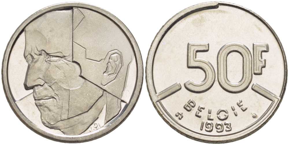 БЕЛЬГИЯ 50 ФРАНКОВ 1993 BELGIE, БОДУЭН I (1951-1993) KM 169 никель 4390-345