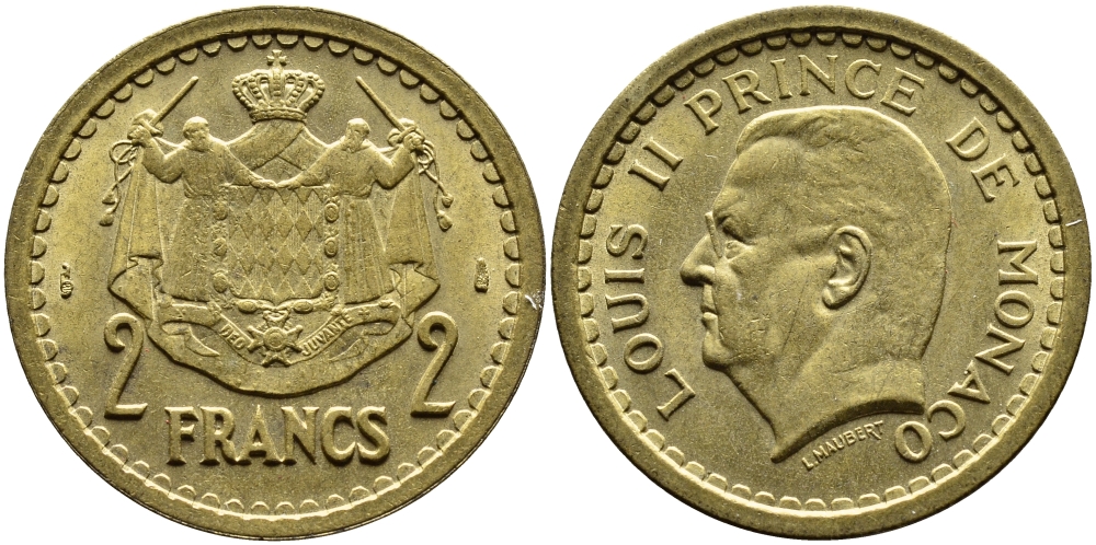 Монако 2 франка 1945 Луи II (1922-1949) KM 121а алюминиевая бронза 4389-1232