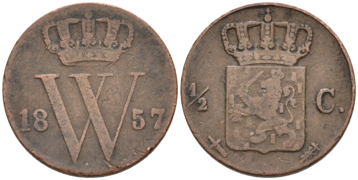Нидерланды 1/2 цента 1857 Виллем II (1840-1849) KM 90 медь 4576-745