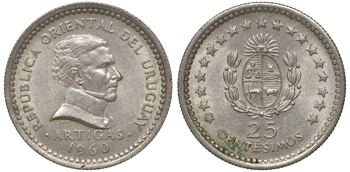Уругвай 25 сентесимо 1960 KM 40 медно-никель 4169-959