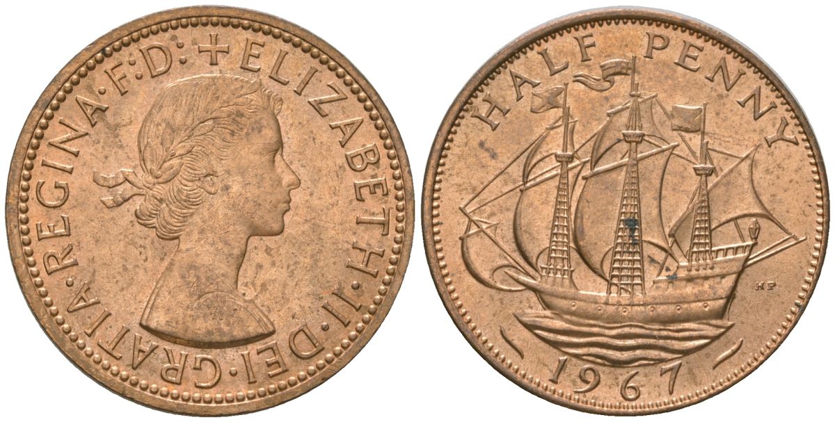 Великобритания 1/2 пенни 1967 Елизавета II (1952-2022) KM 896, Spink 4158 бронза aUNC 4163-1221