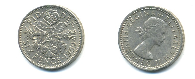 Великобритания 6 пенсов 1959 Елизавета II (1952-2022) KM 903, Spink 4149 медно-никель 80-923
