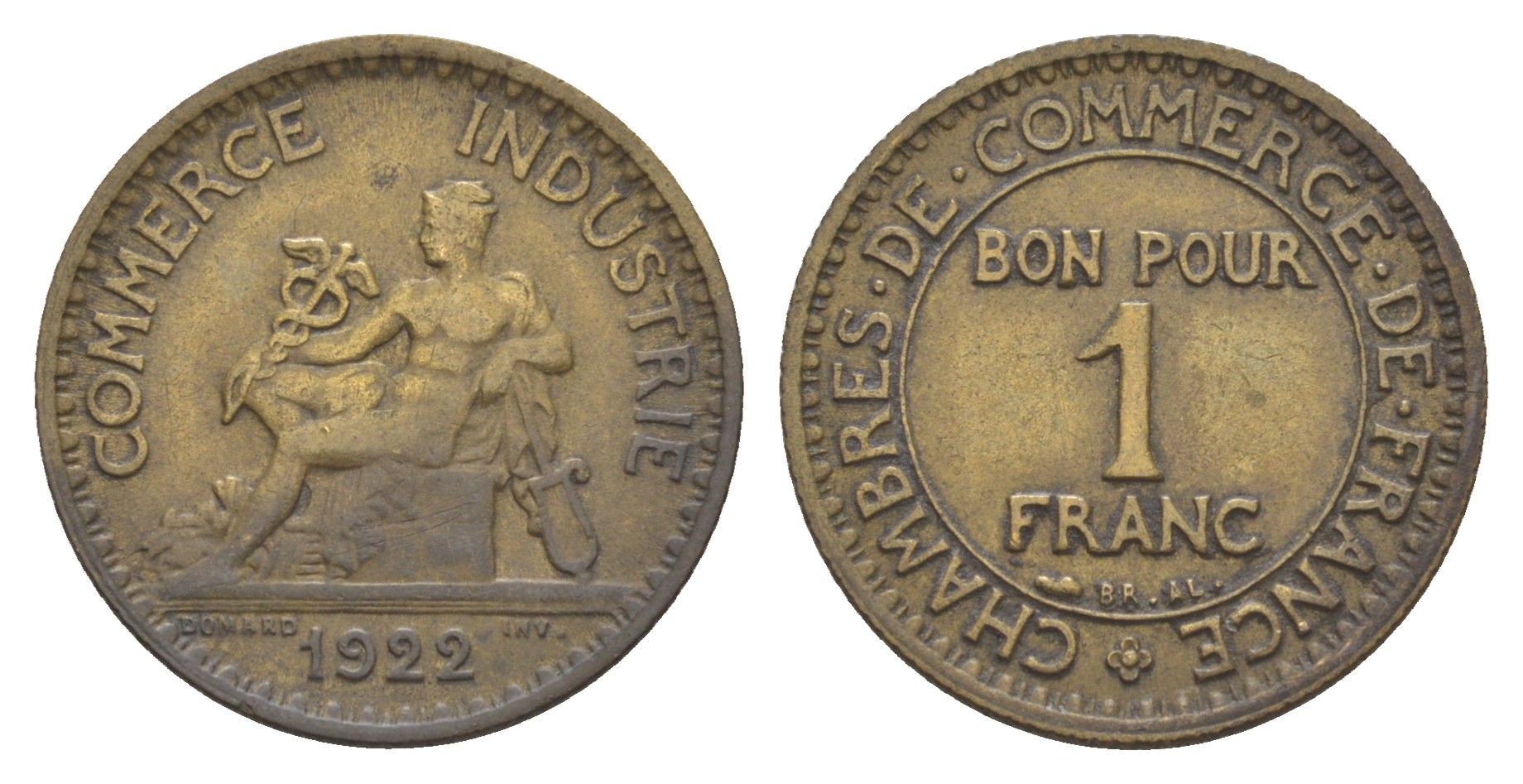 Франция 1 франк 1922 KM 876, Le Franc 218.4 алюминиевая бронза 4657-1041