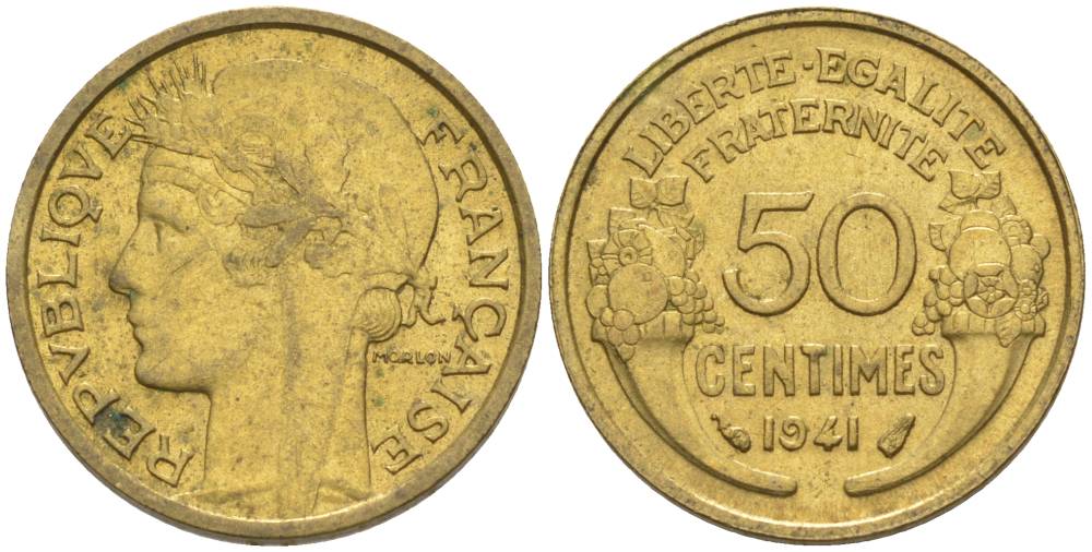 ФРАНЦИЯ 50 САНТИМОВ 1941 ТИП MORLON KM 894.1, LE FRANC 192.18 алюминиевая бронза 44-648