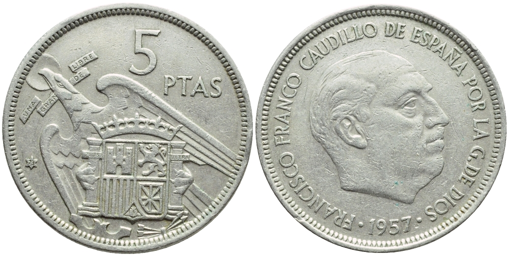 ИСПАНИЯ 5 ПЕСЕТ 1957 (73) ФРАНСИСКО ФРАНКО ДИКТАТОР ИСПАНИИ (1939-1975) KM 786 медно-никель 4395-355