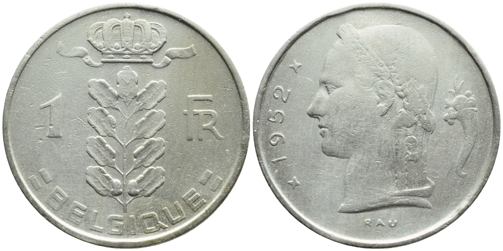 БЕЛЬГИЯ 1 ФРАНК 1952 BELGIQUE KM 142.1 медно-никель 4391-332