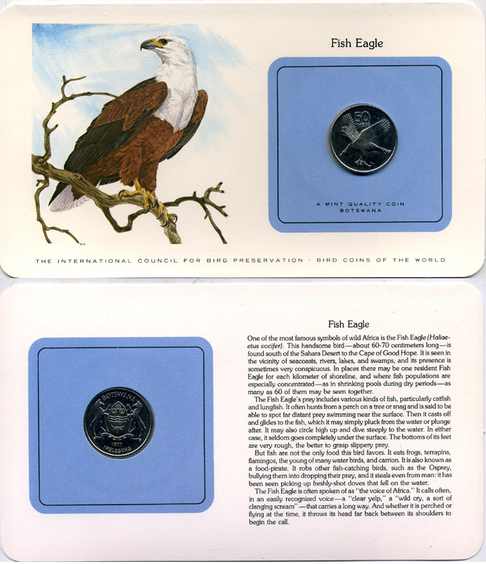 БОТСВАНА 50 ТЕБЕ 1977 СЕРИЯ МОНЕТЫ МИРА С ИЗОБРАЖЕНИЕМ ПТИЦ, В ОРИГИНАЛЬНОМ БУКЛЕТЕ С ОПИСАНИЕМ KM 7 медно-никель UNC 5121-8