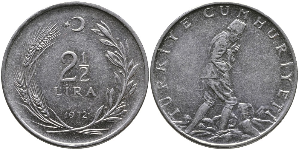 ТУРЦИЯ 2 1/2 ЛИРЫ 1972 KM 893.2 нержавеющая сталь 29-625