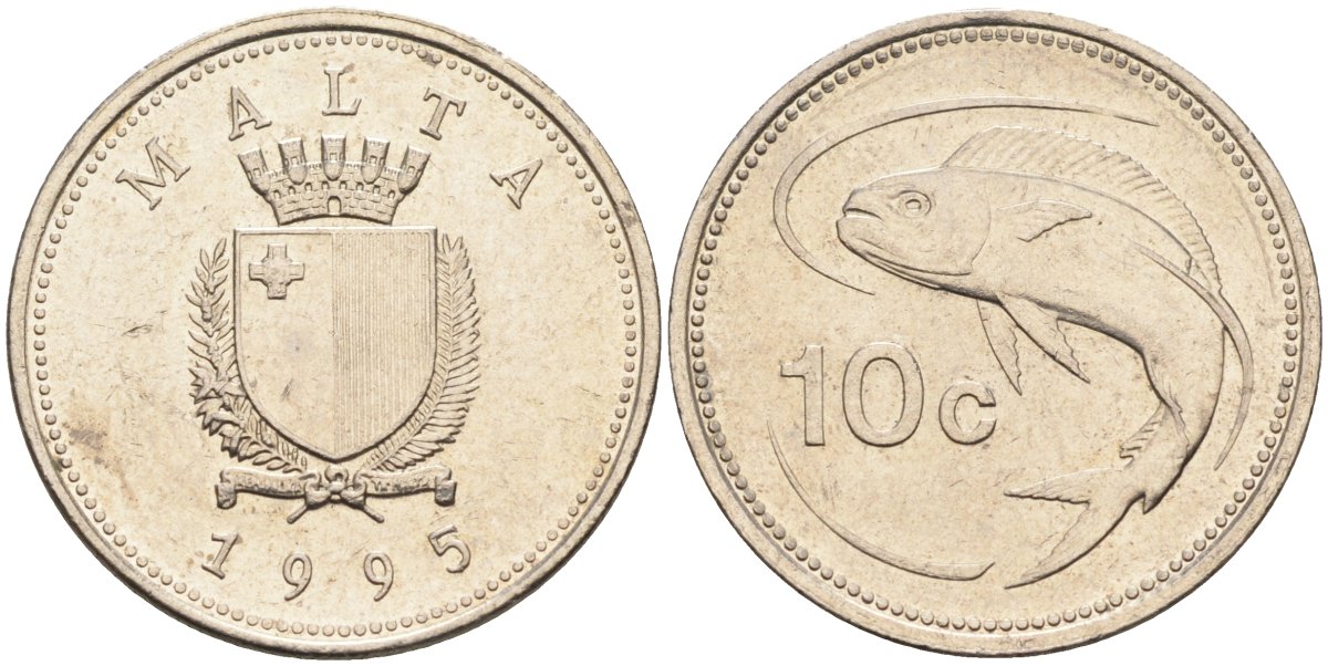 Мальта 10 центов 1995 золотая макрель KM 96 медно-никель 4588-244