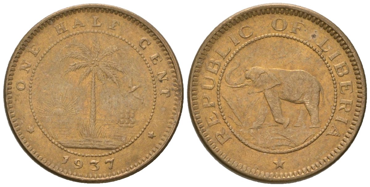 Либерия 1/2 цента 1937 KM 10 латунь aUNC 4585-1139