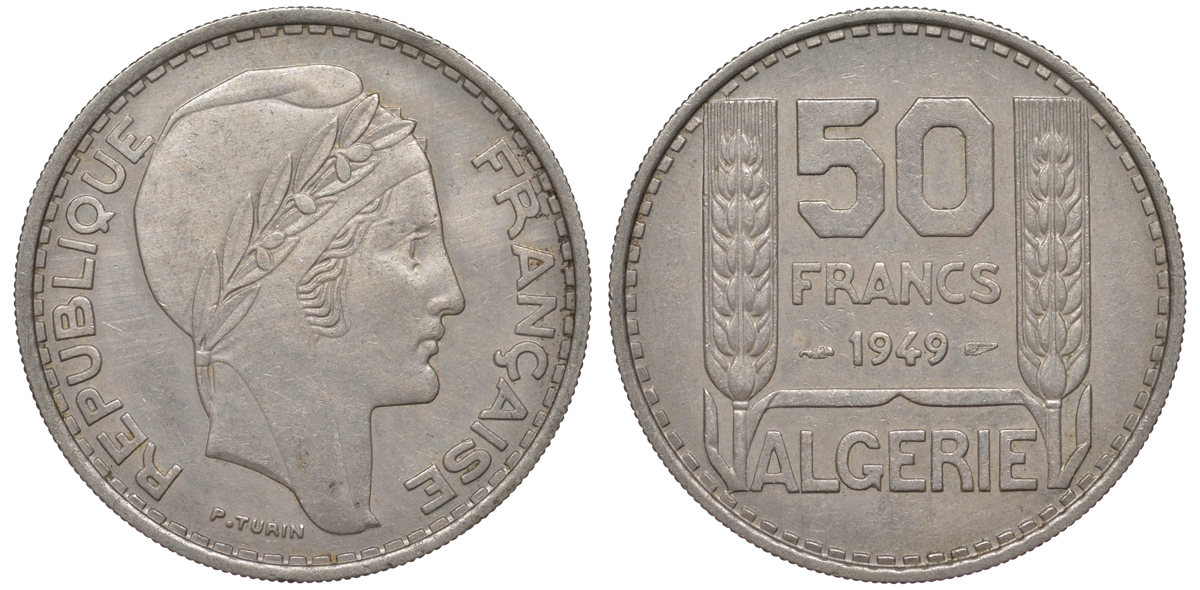 Алжир, Французский 50 франков 1949 KM 92 медно-никель 4605-555