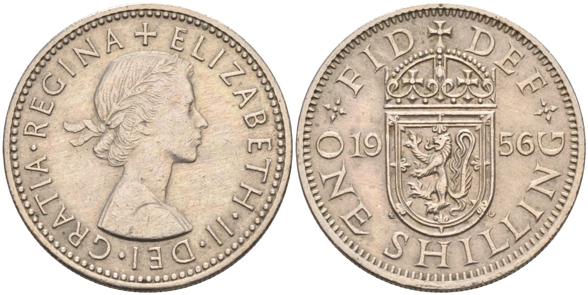 Великобритания 1 шиллинг 1956 Елизавета II (1952-2022), Шотландский герб KM 905, Spink 4148 медно-никель 4591-1045