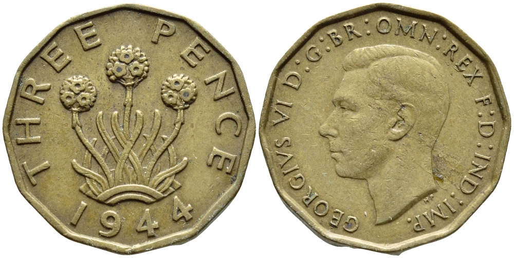 Великобритания 3 пенса 1944 Георг VI (1936-1952) KM 849, Spink 4112 никель латунь 4395-1144