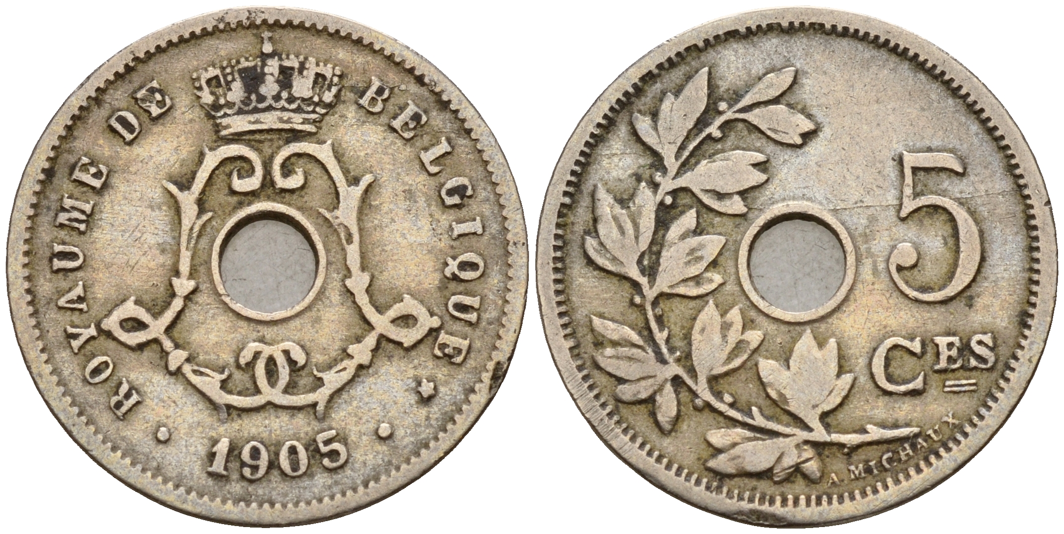 Бельгия 5 сантимов 1905 Belges KM 54 медно-никель    4598-847